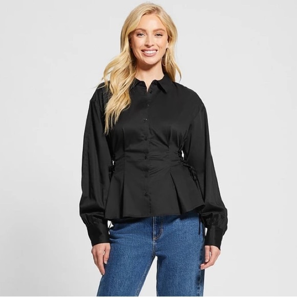 Guess Tops - GUESS Black Lace Up Waist Button Down Blouse Size M Cotton Peplum Top NWT